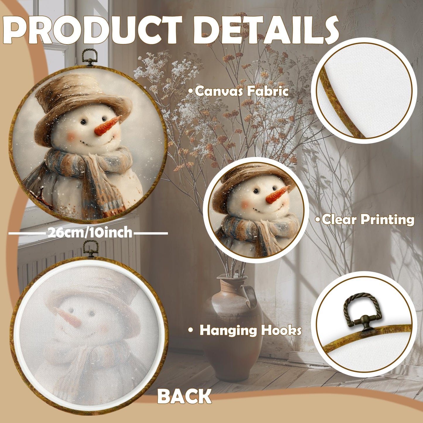 CUANFDDSF Rustic Christmas Snowman Round Wall Art, Christmas Winter Snowman Framed Hanging Wall Decor, Farmhouse Cozy Xmas Winter Canvas Prints Decorations for Home Bedroom Living Room, 10x10 Inch
