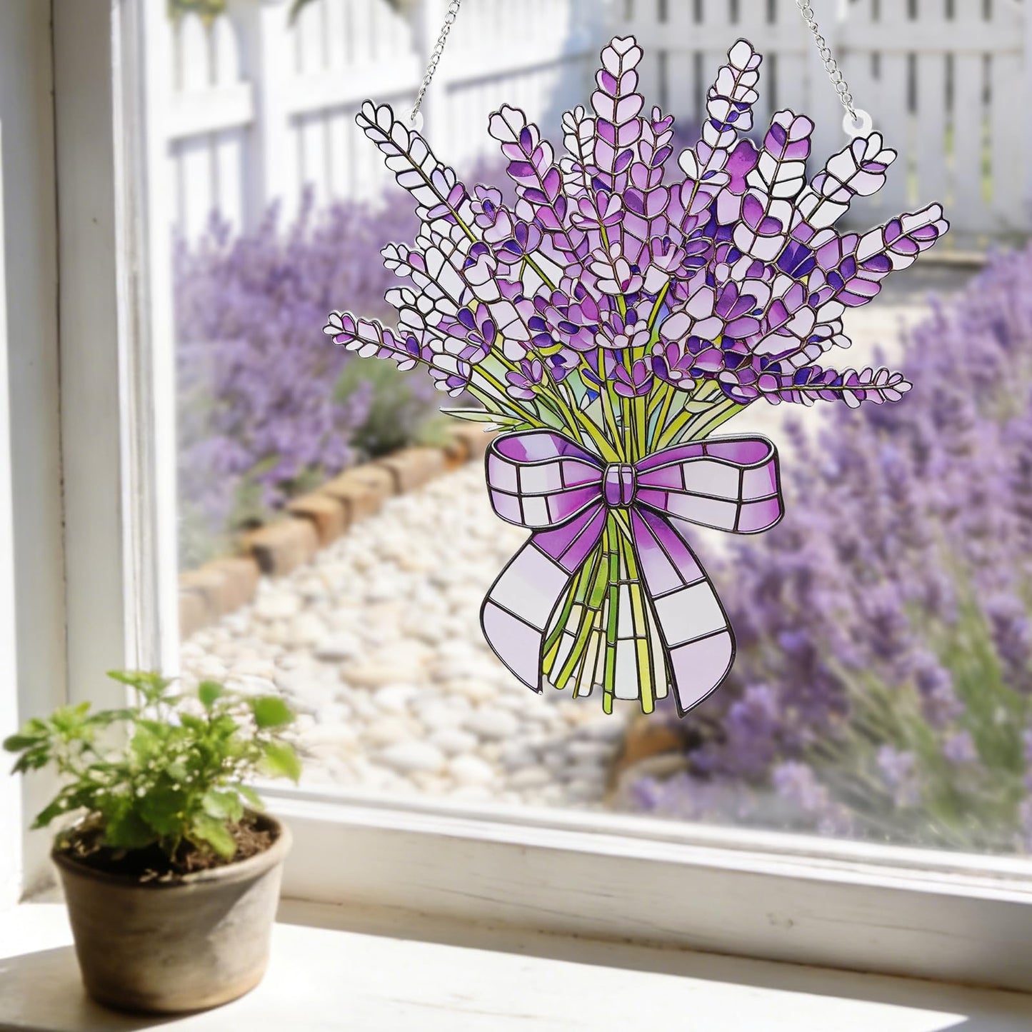 Lavender Flower Stained Glass Window Hanging Suncatchers Purple Lavender Ornament Indoor Wall Art Decor Floral Botanical Wall Hanging Decorations Gifts for Mom's Day