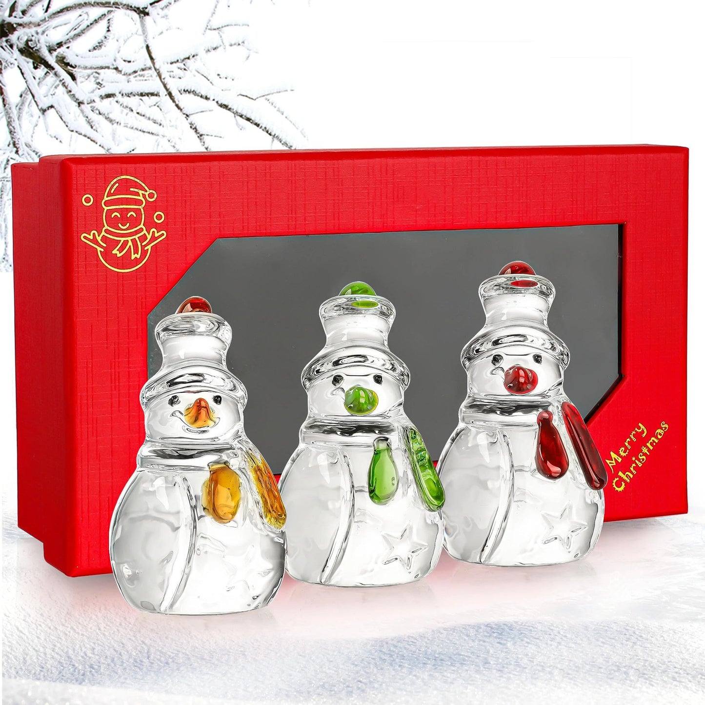 KRISININE Set of 3 Glass Snowman Figurine 1.6''*4.2'' Handmade Snowman Christmas Decorations Indoor for Home Winter Holiday Glass Paperweight Office Table Decor