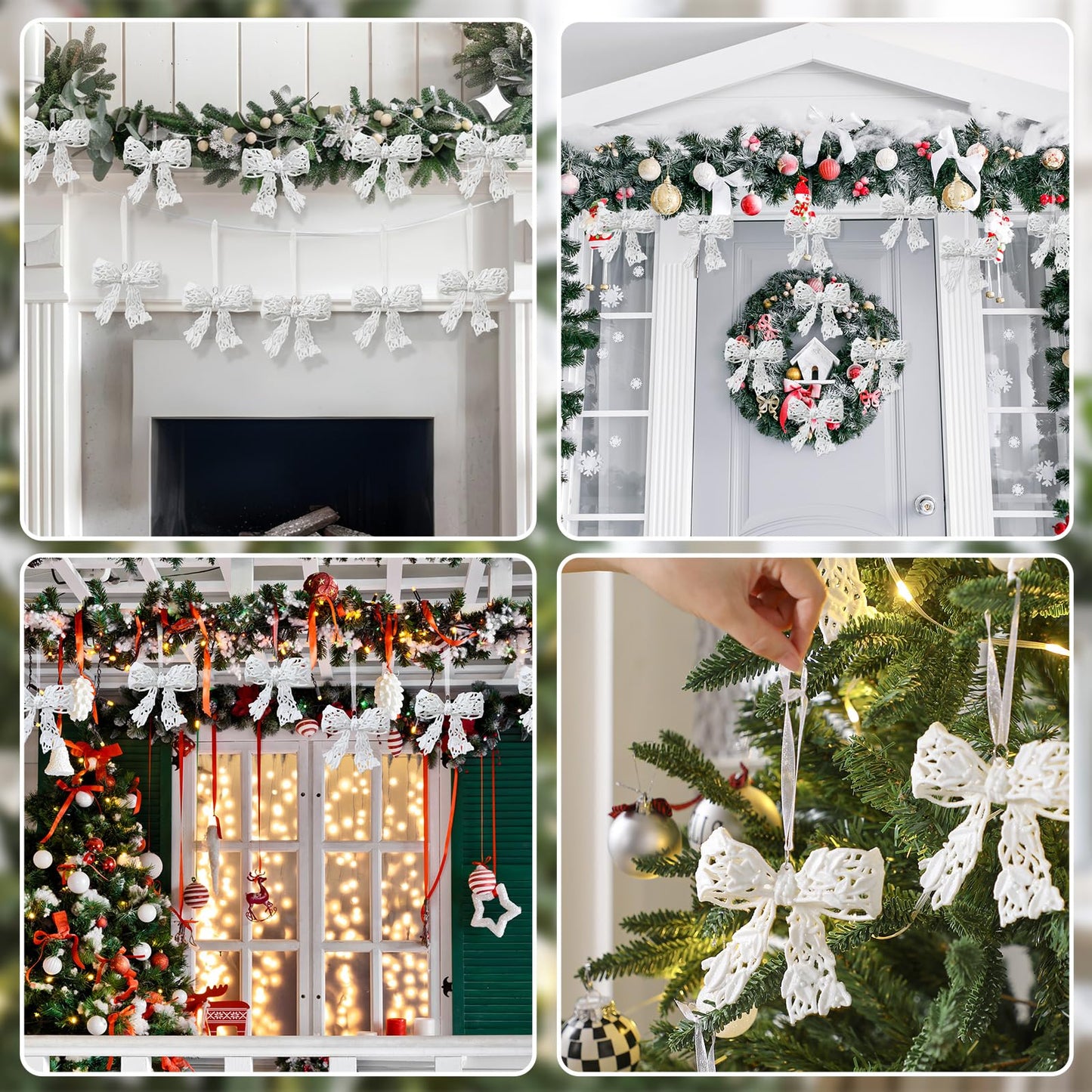 Thyle 12 Pcs Glitter Christmas Bow Ornaments for Christmas Tree Decorations 3.94'' White Shiny Wreath Bows Pendant Xmas Tree Hanging Ornaments for Holiday Winter Home New Year Party Decorations