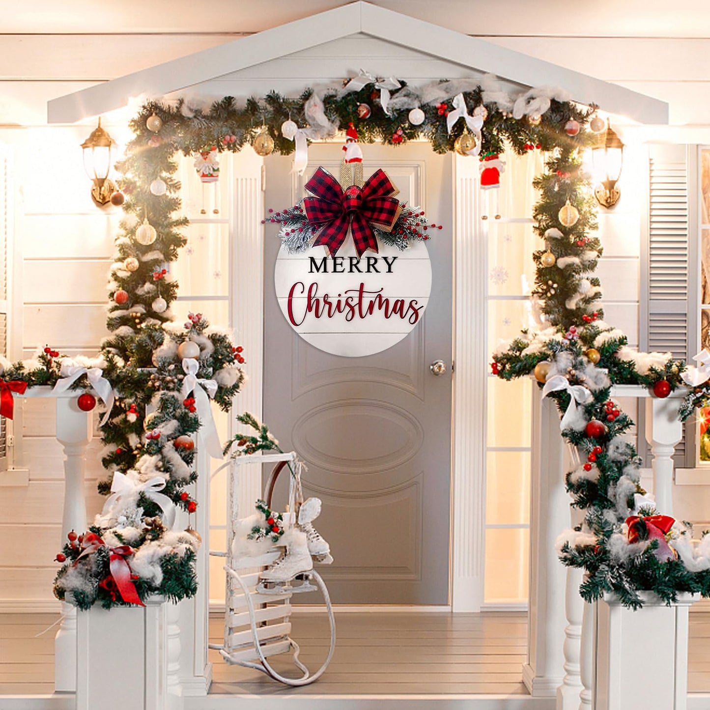 Merry Christmas Wreath Welcome Sign for Front Door, 11.8 inch Wooden Merry Christmas Sign for Holiday Rustic Farmhouse Front Door Porch Wall Window Outside Decorations (Merry Christmas-White)