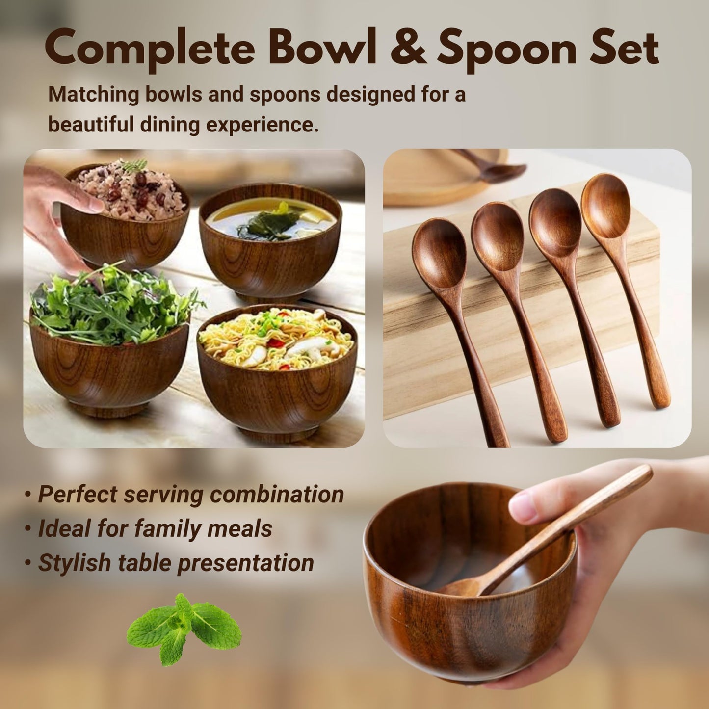 Komokey Wooden Bowl and Spoon Set of 4 - Japanese Style Natural Wood Soup Rice Salad Bowls with Spoons, Eco-Friendly Handcrafted Tableware, Housewarming Kitchen Gift
