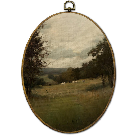 QZQE Vintage Moody Country Landscape Oval Wall Art Decor Framed, Farmhouse Farm Animal Sheep Oval Canvas Prints, Rustic Cottagecore Wall Hanging Decor for Home Bedroom Living Room, 8.6x11.4 Inch