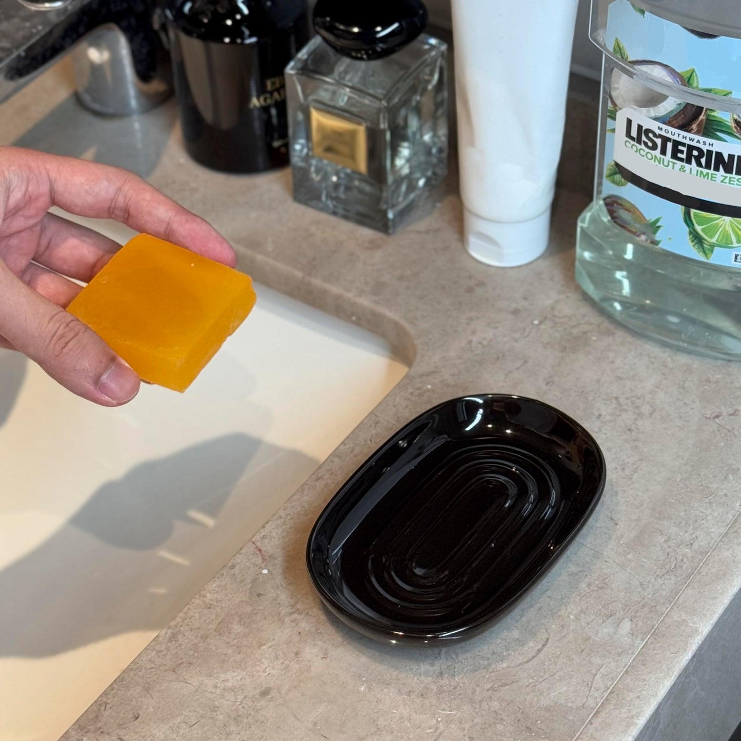 Ceramic Marble Pattern Soap Dish, Textured Raised Soap Saver Tray for Shower Bathroom Kitchen Sink Vanity, Easy to Clean Multi-Use Holder for Bar Soap Jewelry Rings Keys, Black (1 Pack)