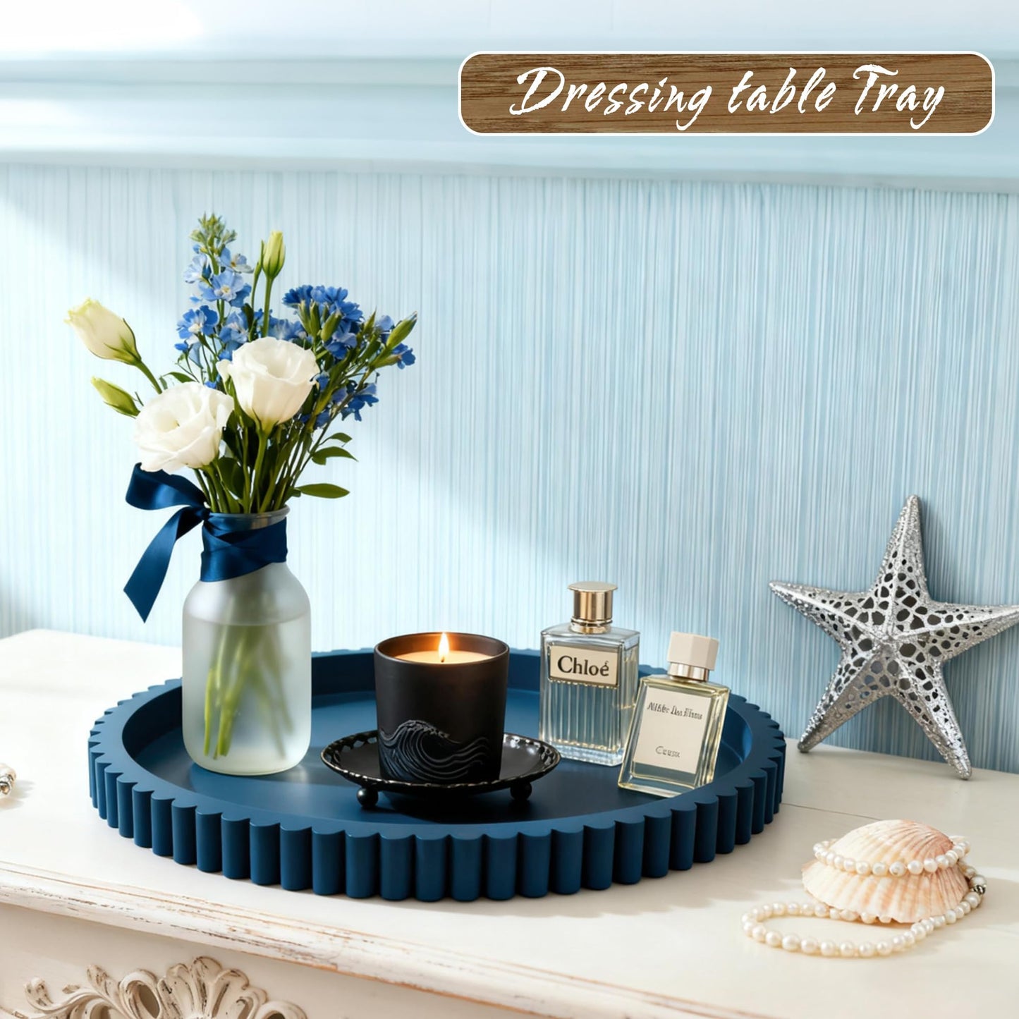 Handmade 12in Decorative Tray for Coffee Table Tray Decor, Blue Wooden Decorative Round Tray for Kitchen, Living Room, Home Decor