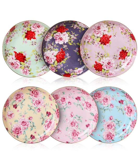 BTaT- Ceramic Floral Dessert Plates, Set of 6, 8 Inch, Assorted Colors with Golden Rim, Deep Porcelain Floral Plates with Gift Box, Dishwasher Safe, Mothers Day Gift