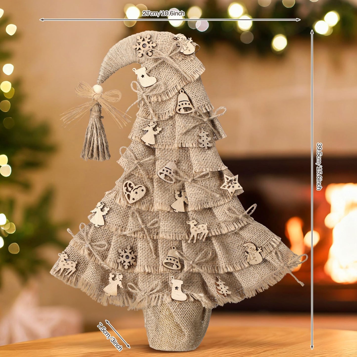 Civaner Boho Christmas Tree Tabletop Decor 16 Inch Mini Christmas Tree Burlap Jute Xmas Table Decoration with Santa Hat Bow Snowflake Bell Deer Design for Xmas Holiday Farmhouse Home Kitchen