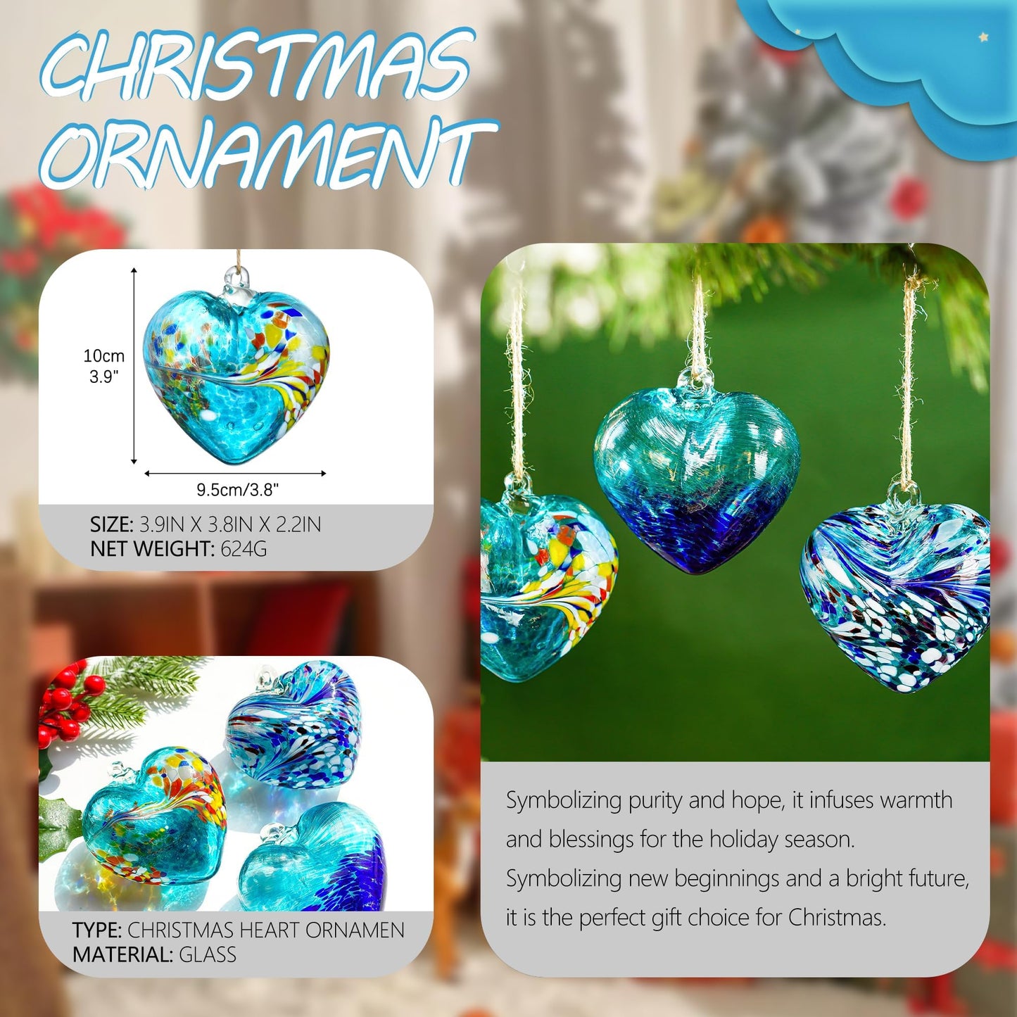 Set of 3 Handmade Glass Heart Ornaments 3.9 Inch Blue Friendship Heart Decor for Garden Home Centerpiece Gifts for Women