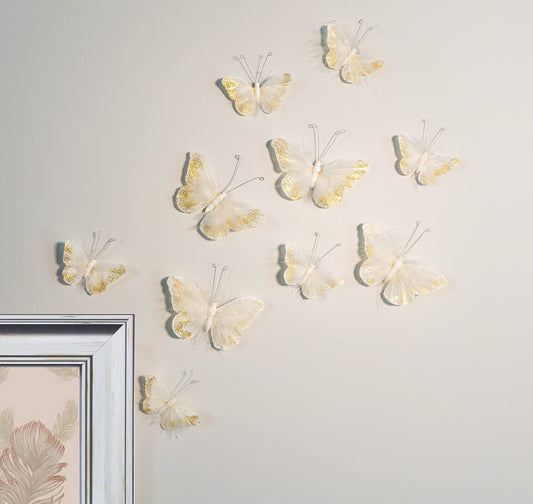 Inspired by Jewel Butterfly Wall Decorations Premium Quality Real Feather 3D Wall Decals Girls Bedroom | Stunning Gold Glitter Decor Stickers All Rooms & Nursery Sets | 10 Adhesive Pieces