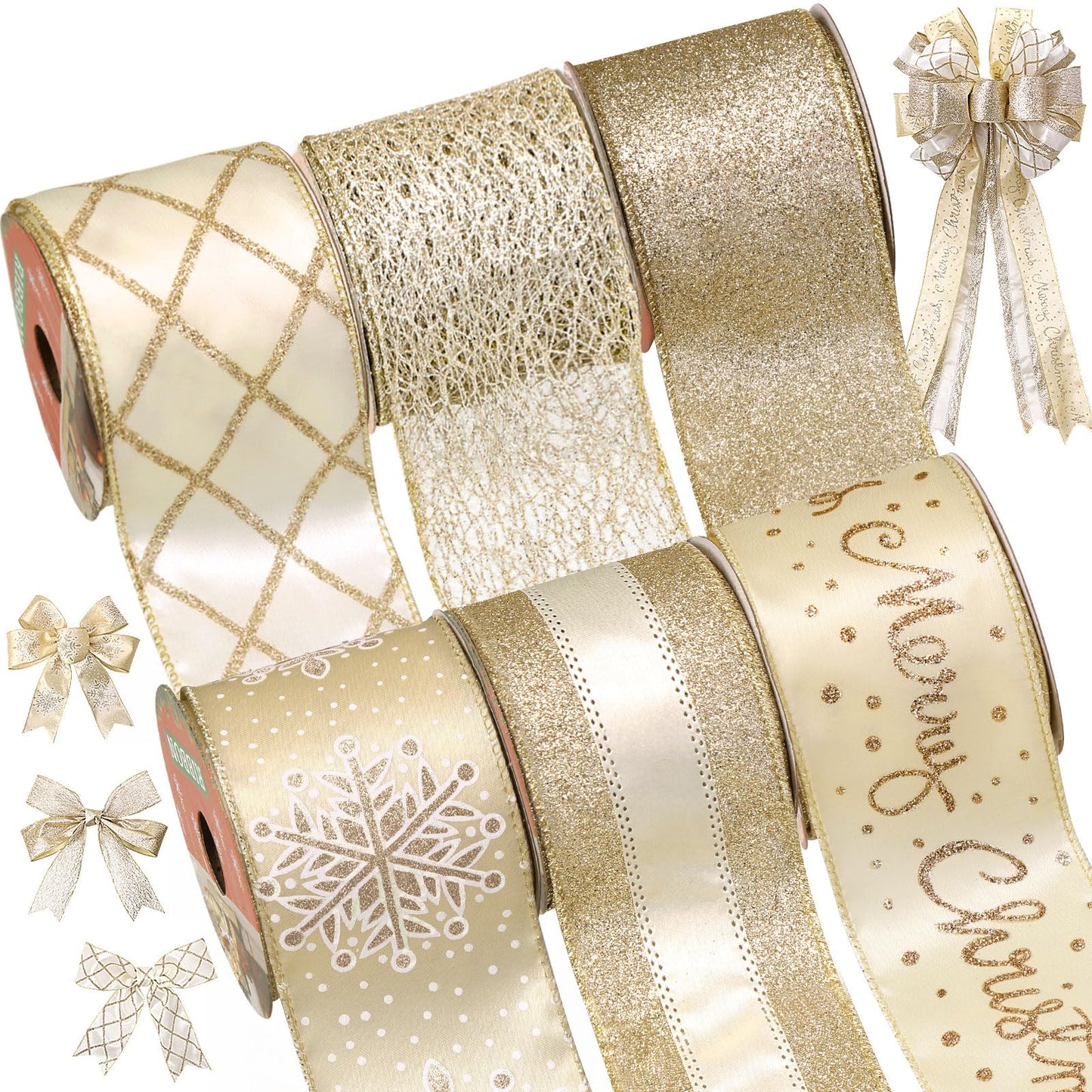 Tsorode Christmas Ribbon Wired 2.5 inch,6 Rolls 36 Yards Champagne Gold Christmas Tree Ribbon,Holiday Wired Ribbons for Tree Topper Bow Wreath Gift Wrapping Xmas Decorations (Champagne Gold)