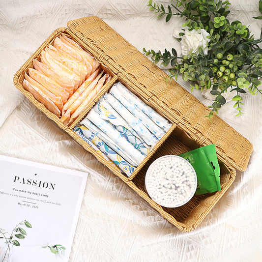 Sumnacon Wicker Storage Basket with Lid, Rectangular Narrow Baskets for Bathroom, Farmhouse Imitation Rattan Bin with Dividers, Decorative Handwoven Tray Organizer for Countertop Shelves Toilet Tank