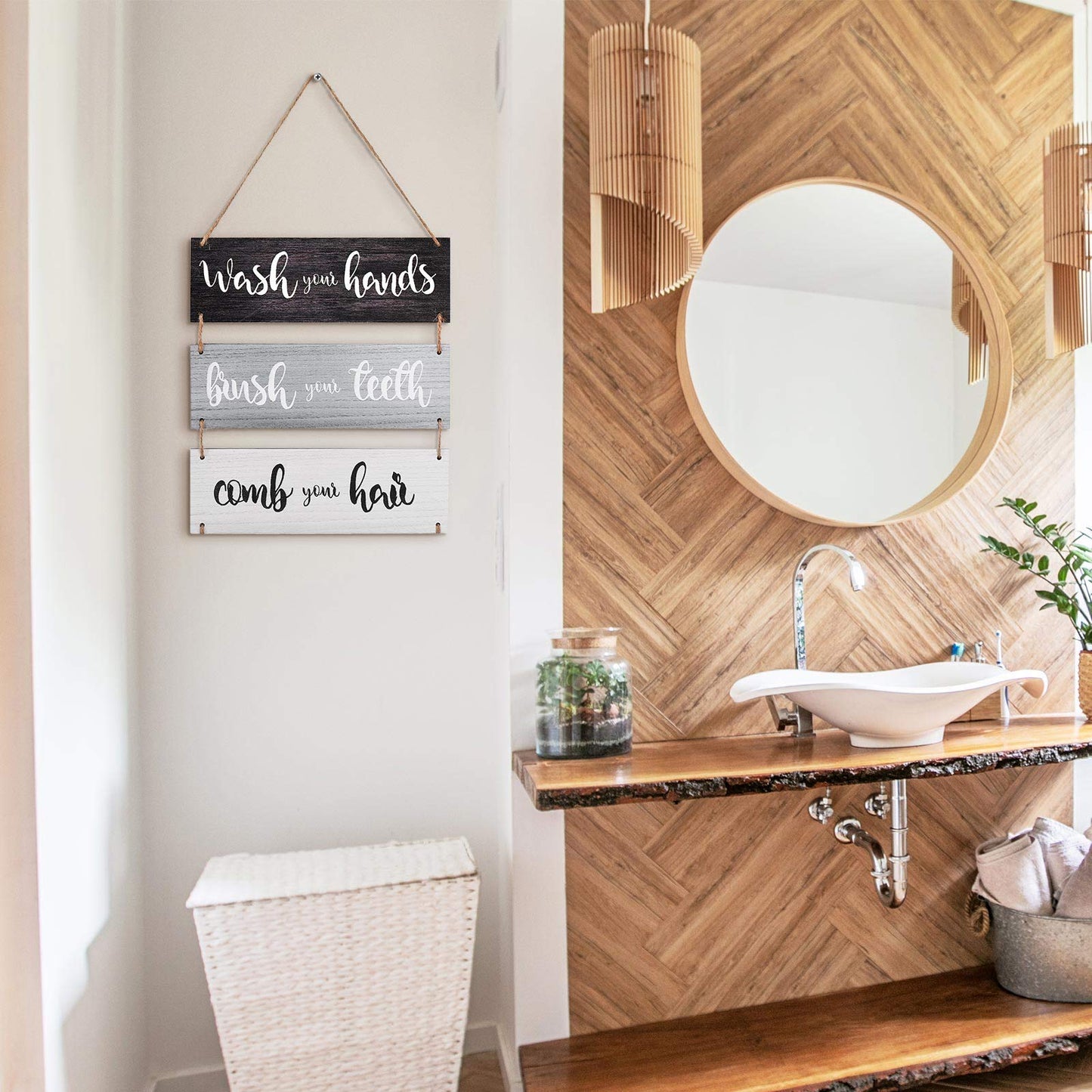 Jetec Farmhouse Bathroom Wall Decor Bath Rules Wall Art Sign Family Hanging Funny Wooden Hanging Sign Rustic Wood Decor for Home Bedroom Outdoor(Simple Pattern,Black, White, Gray)