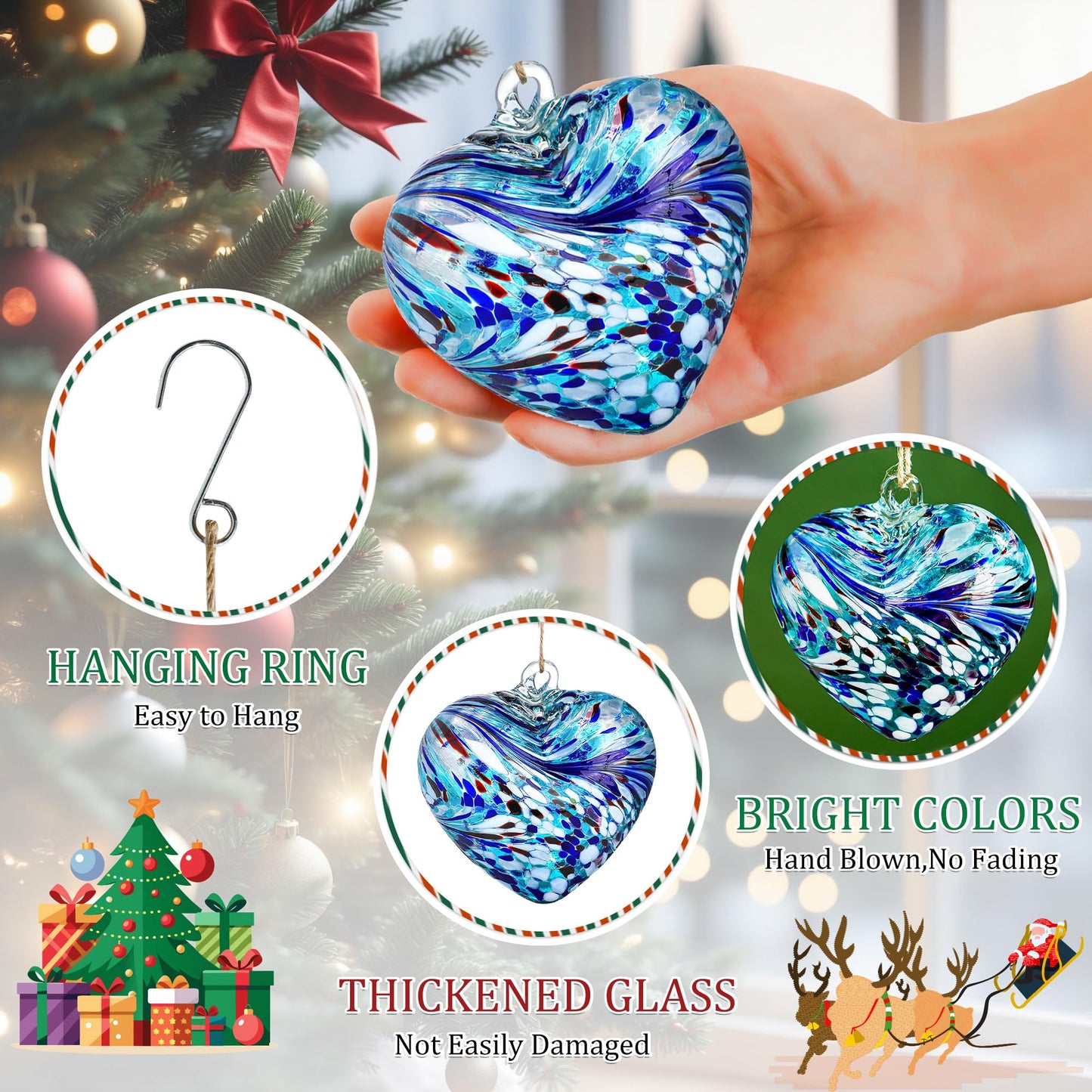 Hand Blown Glass Love Heart Gazing Balls for Women Gift, 3.8" Friendship Balls for Garden Hanging Home Decoration (Blue - A)