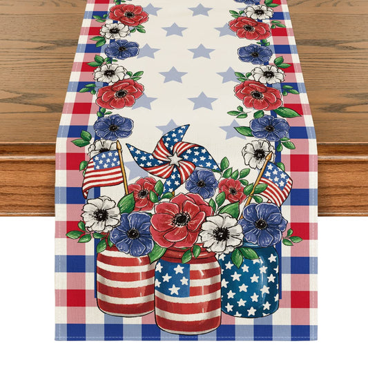 Artoid Mode Buffalo Plaid Vases Flowers Patriotic Memorial Day 4th of July Table Runner, Independence Day Holiday Kitchen Dining Table Decor for Home Party Decoration 13 x 72 Inch