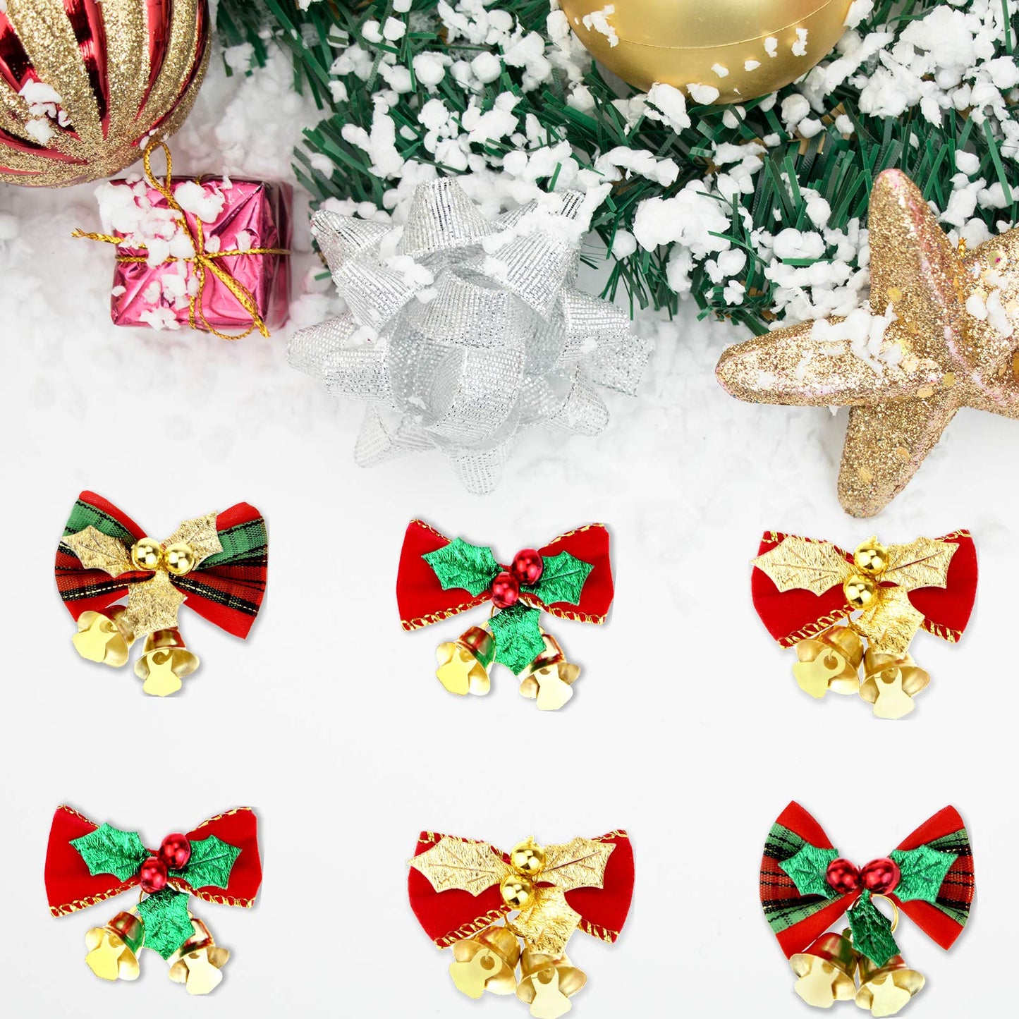 Pistha 20 Pcs Christmas Mini Bow with Bells, 4 Styles - Traditional, Rustic, Whimsical, Minimalist - Red, Green, Gold - Christmas Ornaments
