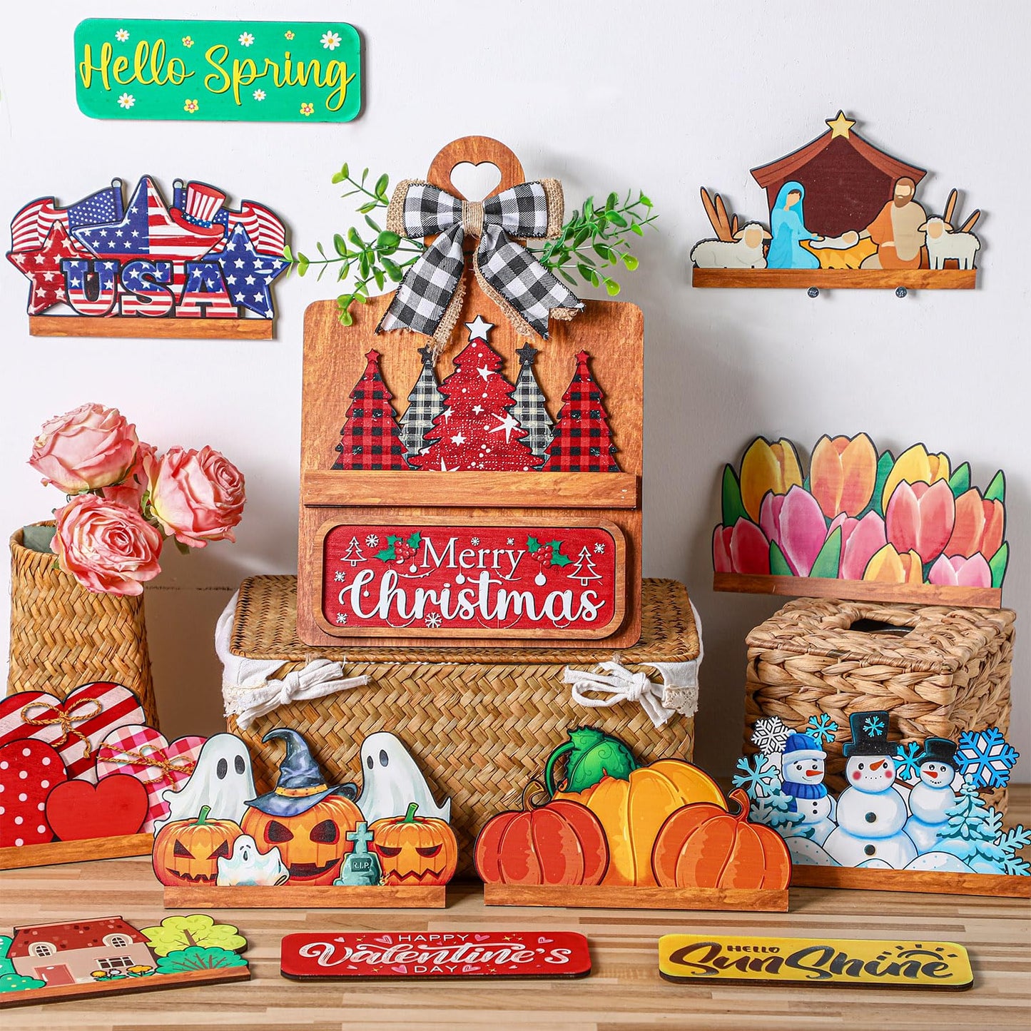 GlikCeil 37 Pcs Interchangeable Seasonal Decor Farmhouse Breadboard Interchangeable Seasonal Tier Tray Decor Holiday Halloween Thanksgiving Christmas Wooden Decoration with Bow for Table Kitchen