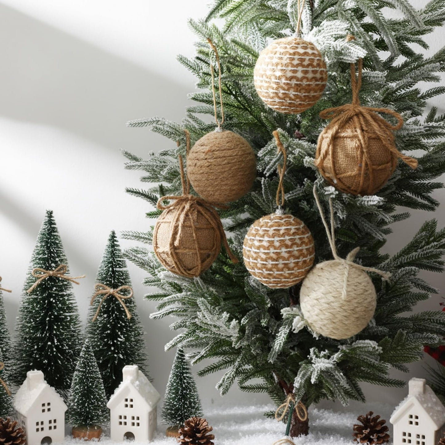 Leyndo 16 Pcs 3.15 Inch Burlap Christmas Ball Ornaments Rustic Farmhouse Christmas Tree Ornaments Neutral Jute Rope Hanging Balls Decorations Boho for Xmas Party Holiday Decor(Rustic Style)