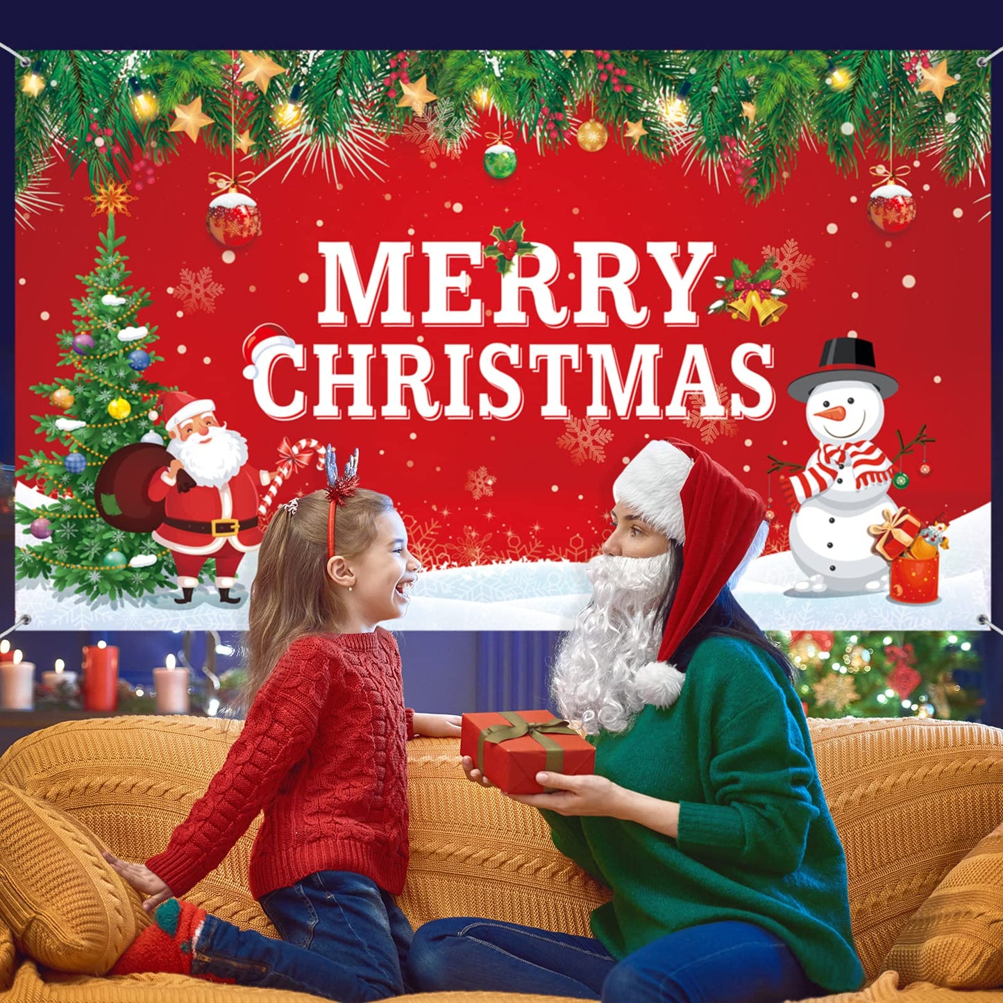 Merry Christmas Backdrop for Photography Banner Large Snow Wonderland Backdrop Winter Snowman Scene Xmas Santa Tree Background for Outdoor Indoor Christmas Decorations Party Gifts, 72.8 x 43.3 Inch
