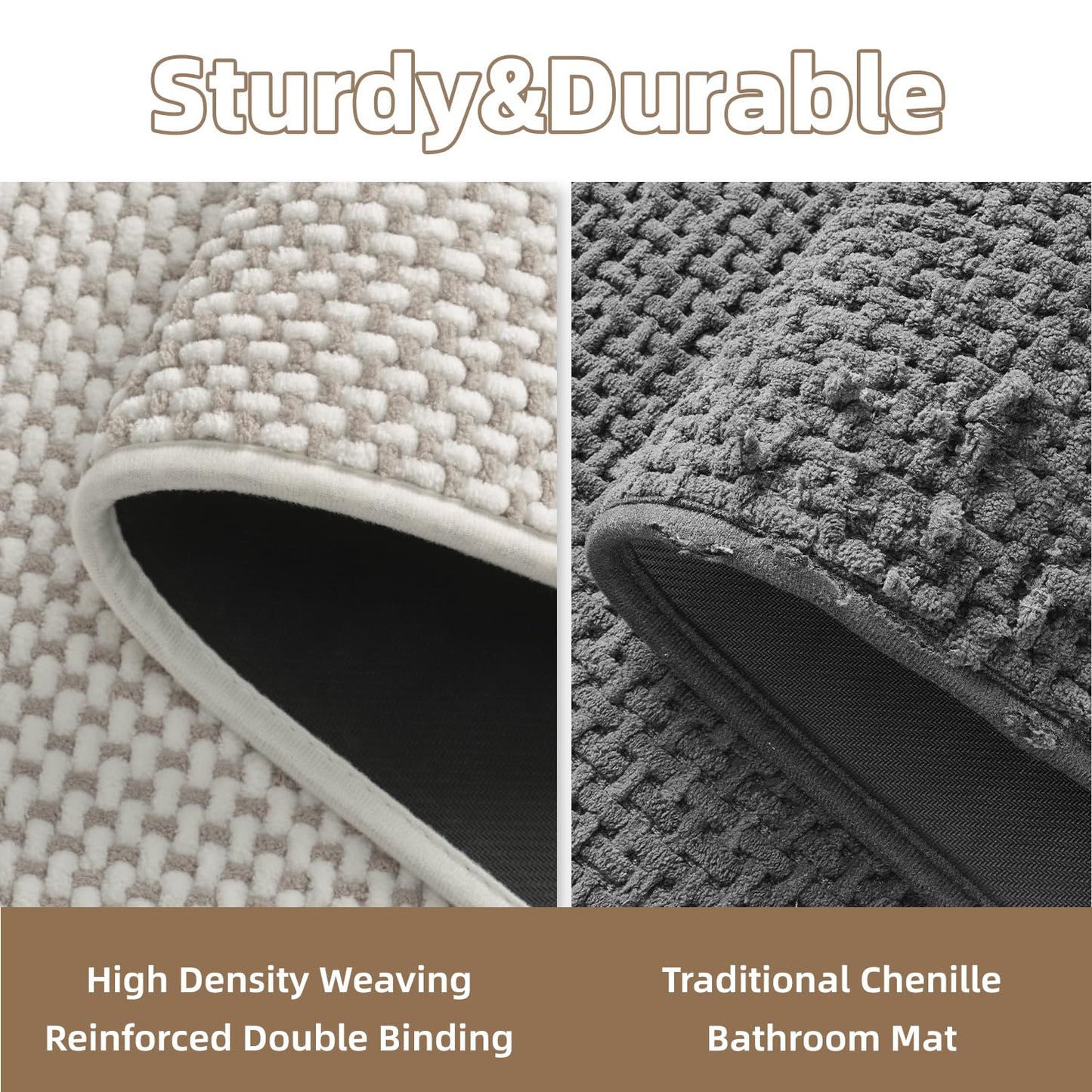 PADOOR-Bath Mat-Super Absorbent Chenille Bathroom Mats-Rubber Backed Bath Mats for Bathroom Non Slip, Easy Clean Bathroom Rugs Front of Bathtub,Shower Room,Sink-17×28, Beige&Cream