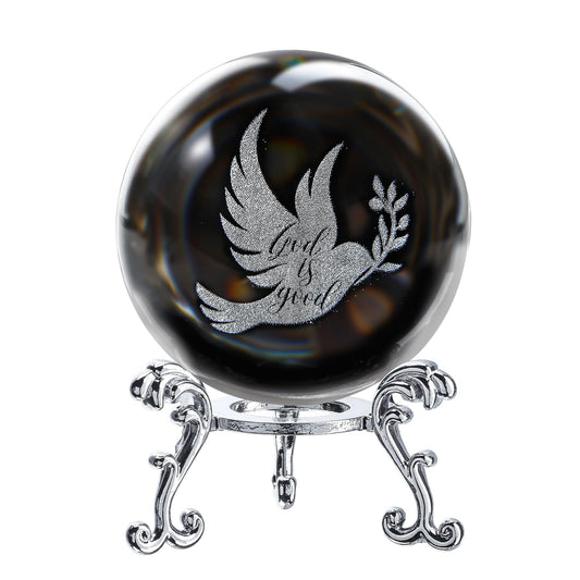 ZEERSHEE 60mm Glass Peace Dove Ball Laser Etched Dove with Olive Branch Crystal Pigeon Ornament with Stand Decor for Home Table