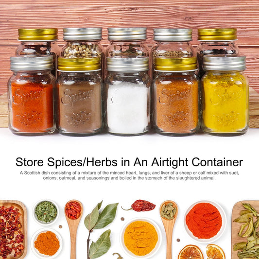 CycleMore 15 Pack 4oz Glass Mason Spice Jars, Round Spice Containers with Silver Metal Caps and Pour/Sift Shaker Lids-40pcs Labels,1pcs Silicone Collapsible Funnel,1pack Brush and 1 Pen Included