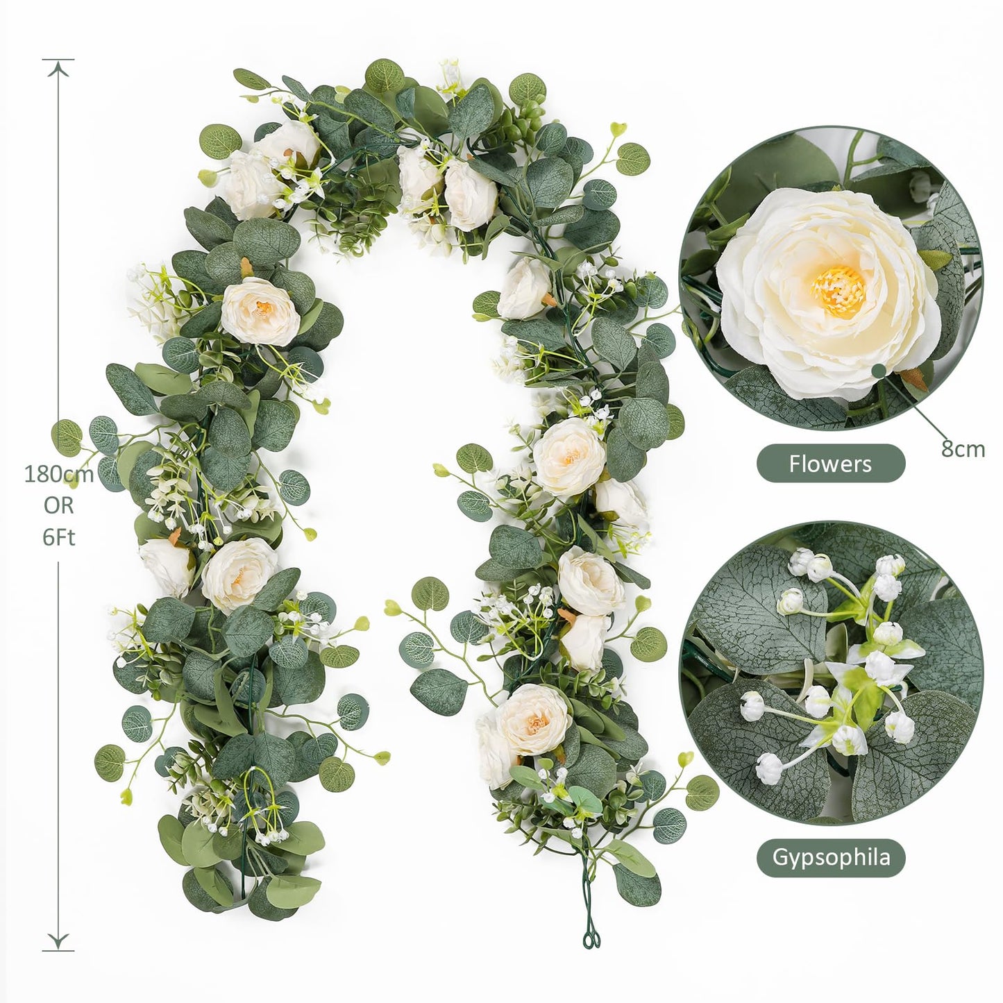 TOCHGREEN 2 Pack 13Ft Artificial Eucalyptus Flower Garland with White Roses, Fake Rose Flower Greenery Garland Floral Vines for Wedding Home Party Table Runner Decor (2PCS, White)