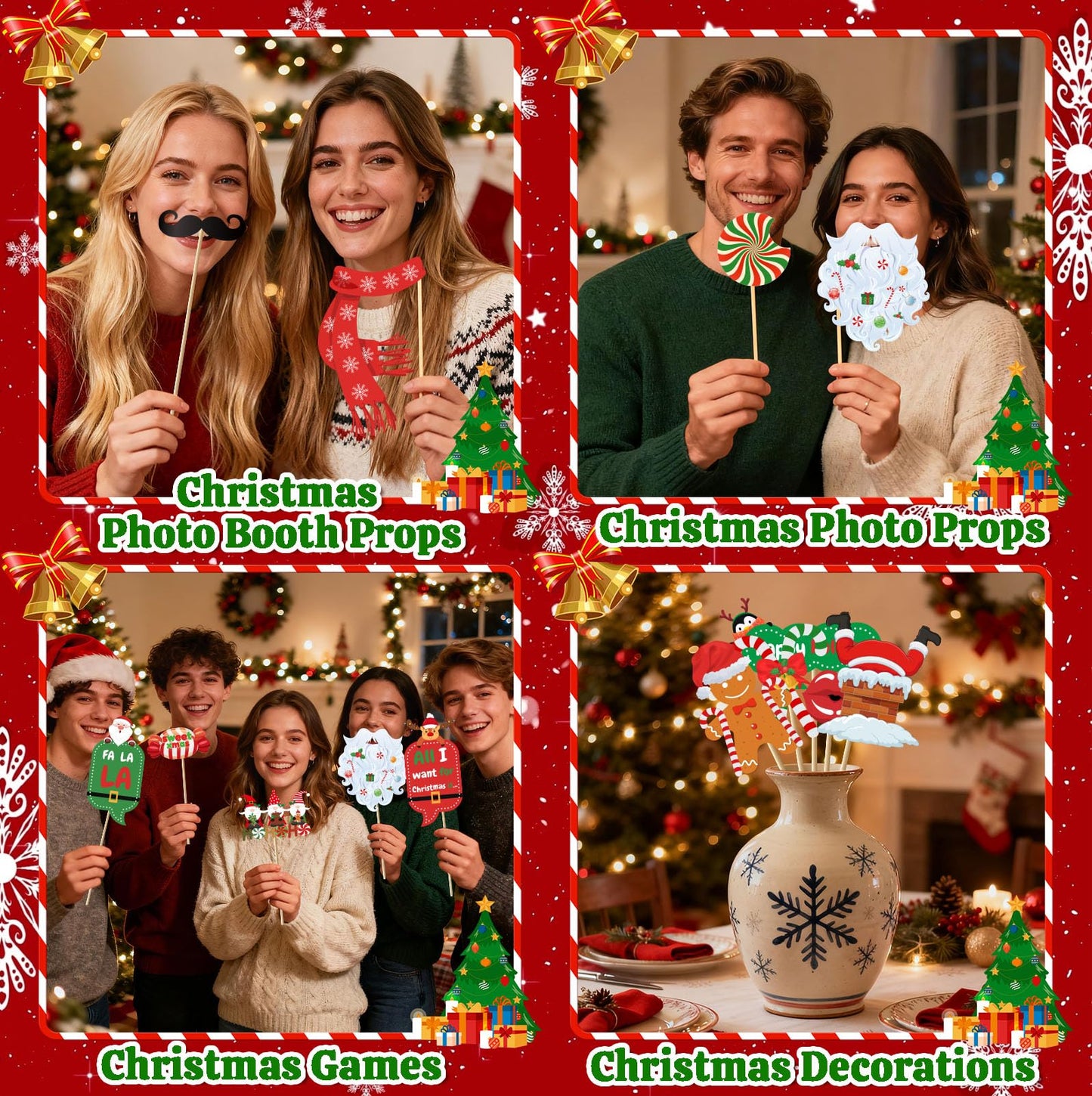 Christmas Photo Booth Props - 36Pcs Christmas Party Decorations Decor & Selfie Accessories, Fun Xmas Party Favors Gifts for Adults, Office Party Supplies