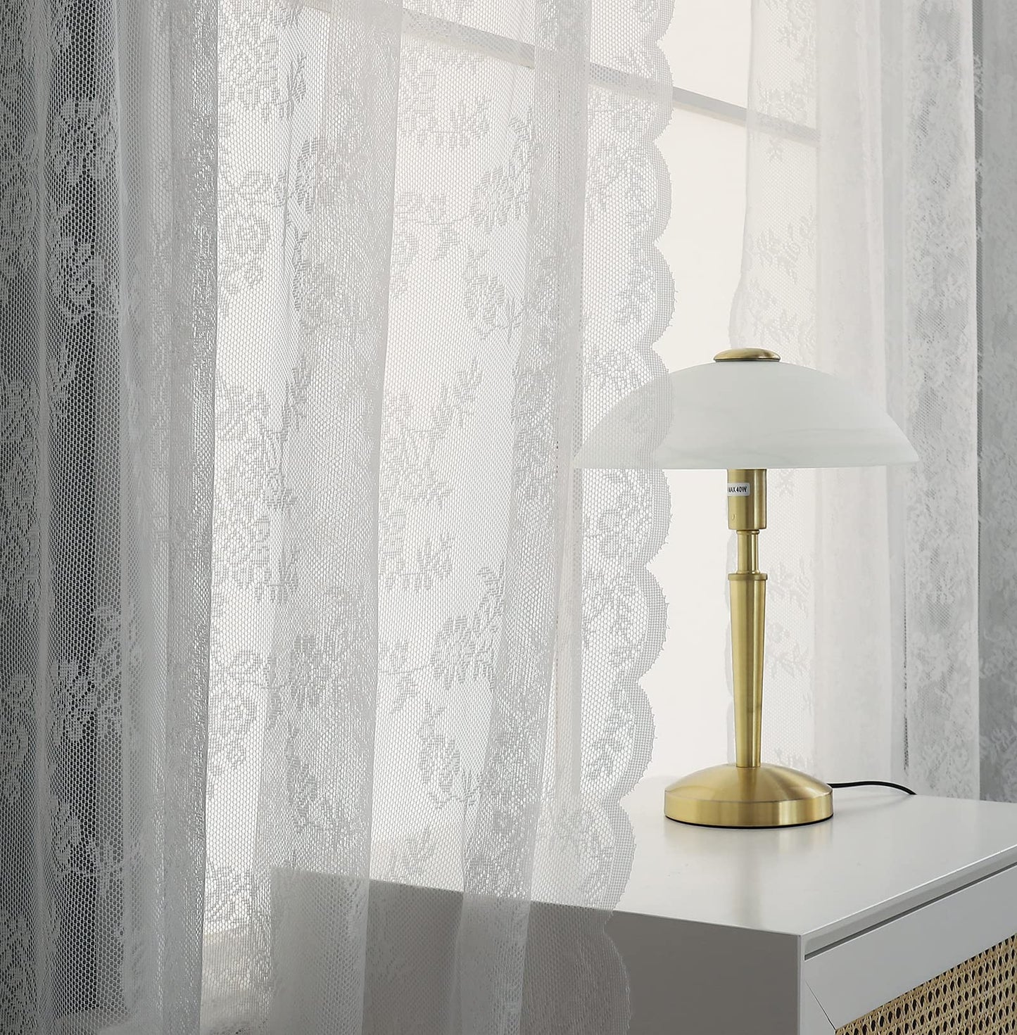 Beruyu White Lace Curtains 90 Inches Long - Floral Embroidered Lace Sheer Curtains for Living Room Bedroom Kitchen, Rod Pocket Window Voile Curtains with Curtain Tiebacks, 2 Panels (59" W X 90" L)