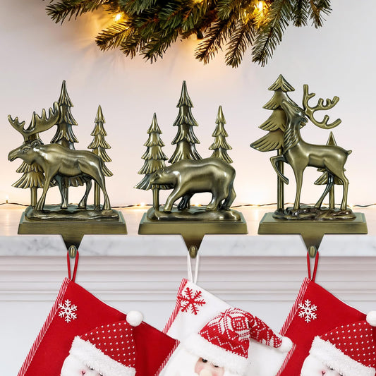 INNO STAGE Christmas Stocking Holders for Mantle Set of 3, Heavy Duty 3D Reindeer Xmas Tree Stocking Holders with Non-Slip Base, Stocking Hooks Hangers for Fireplace Shelf Table Festive Xmas Decor