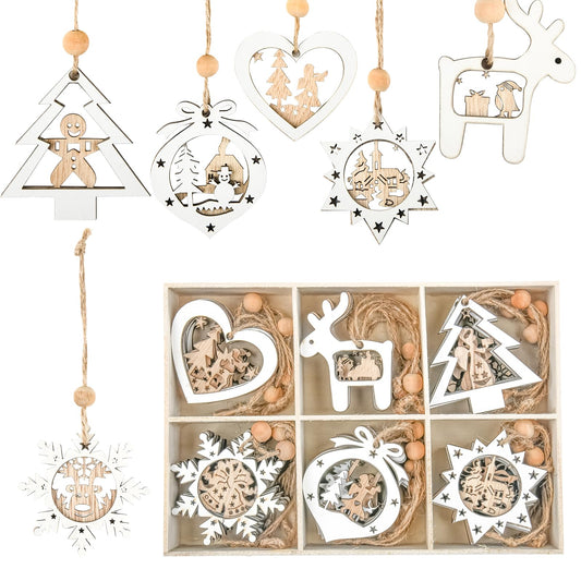 Christmas Tree Ornaments of Winter Wonderland, 24 Pack Christmas Wooden Hanging Craft Ornaments for 3D Rustic Farmhouse Christmas Decorations Gifts Home Party New Year Holiday Tree Decorations