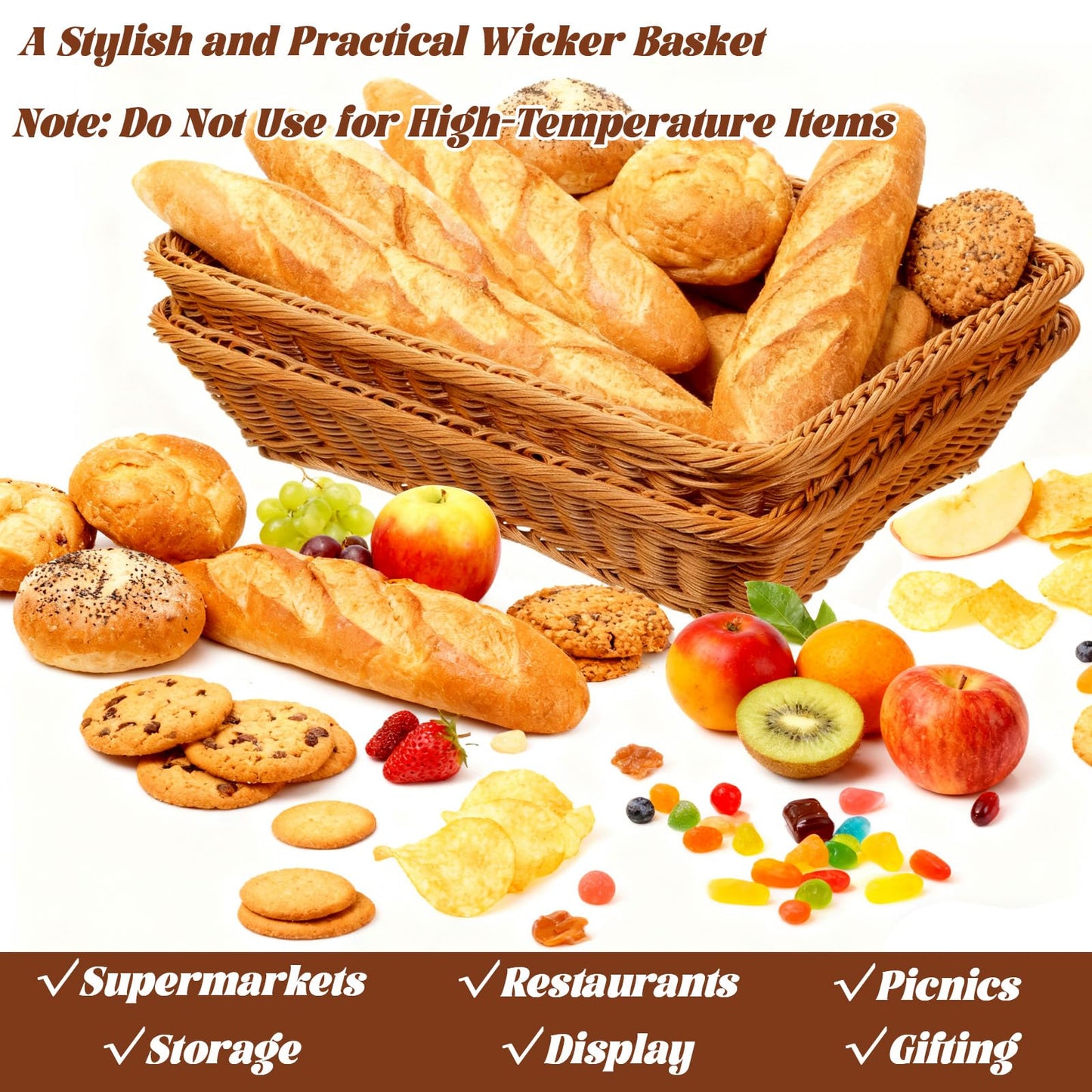 Retainbre 3 Pack Wicker Bread Baskets for Serving 15.8 Inch Rattan Tray Rectangular Display Baskets for Food Fruit Vegetables Snack Decorative Kitchen Restaurant Home