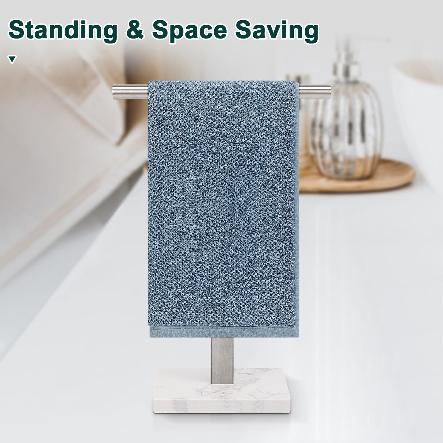 BathAce Hand Towel Holder, T-Shape Hand Towel Stand for Bathroom, Hand Towel Rack Bar Standing for Vanity Kitchen Countertop, 304 Stainless Steel (Marble Base, Brushed)