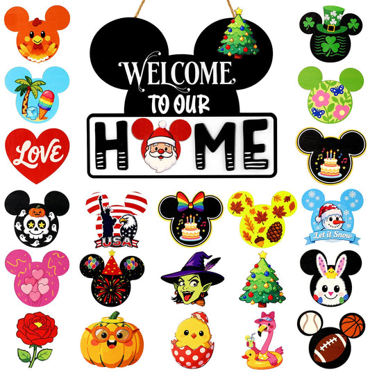 Mouse Home Decor, Interchangeable Seasonal Welcome Sign with 22PCS Interchangeable Holiday Pieces for Spring Summer Fall All Seasons Holiday Halloween Christmas
