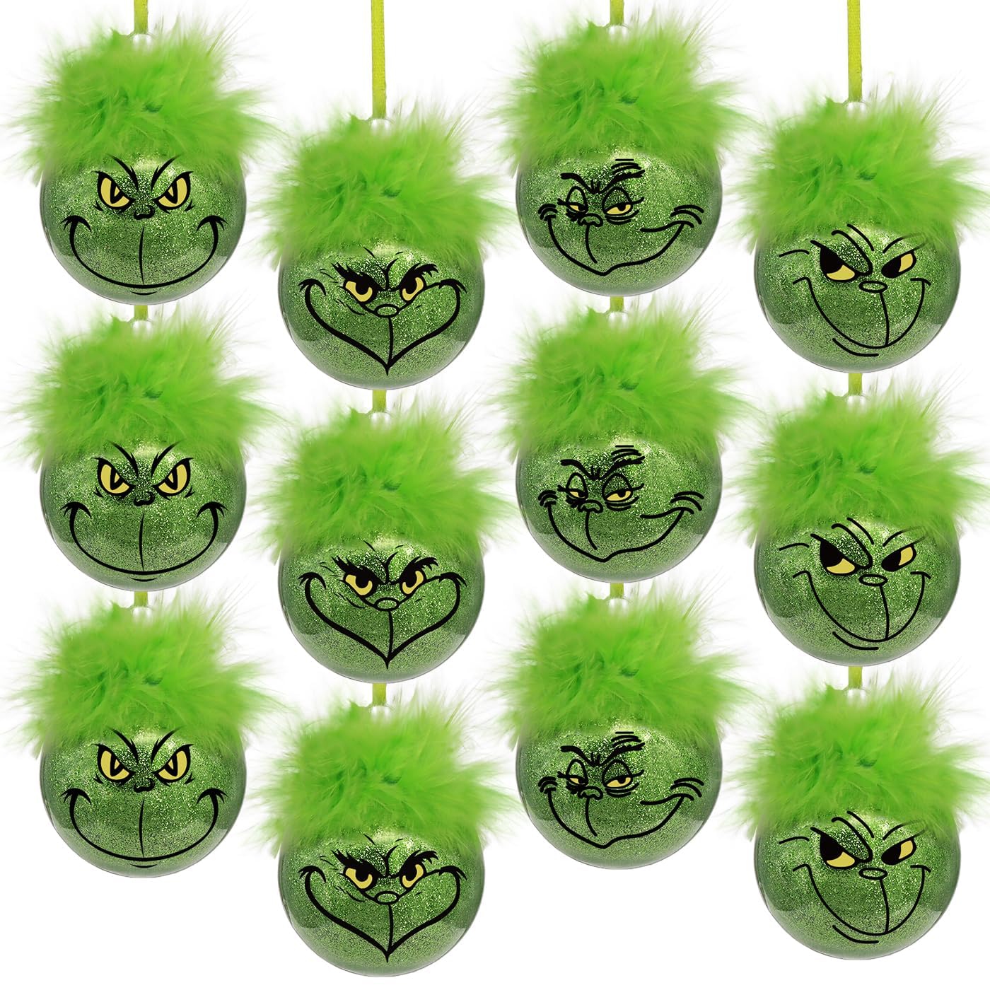 Bunny Chorus Christmas Decorations Indoor: 12pcs Cute Green Elf Christmas Tree Ornaments with Fuzzy Hair, Hanging Thief Monster Xmas Balls for Tree Fireplaces Garland, Kids Home School Office Decor
