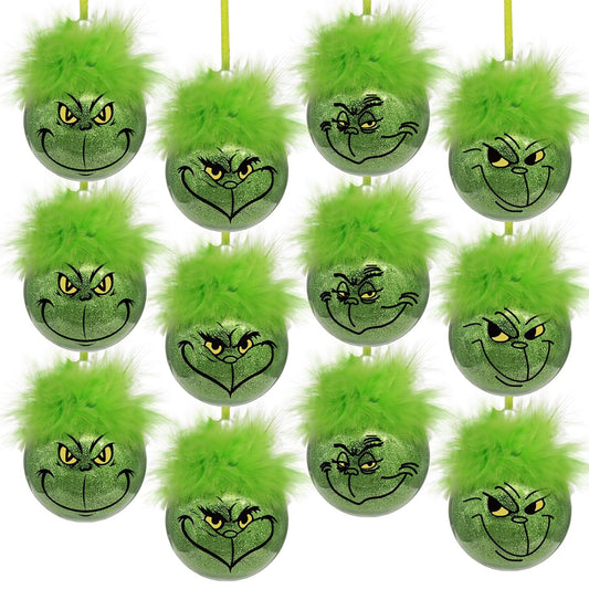 Bunny Chorus Christmas Decorations Indoor: 12pcs Cute Green Elf Christmas Tree Ornaments with Fuzzy Hair, Hanging Thief Monster Xmas Balls for Tree Fireplaces Garland, Kids Home School Office Decor