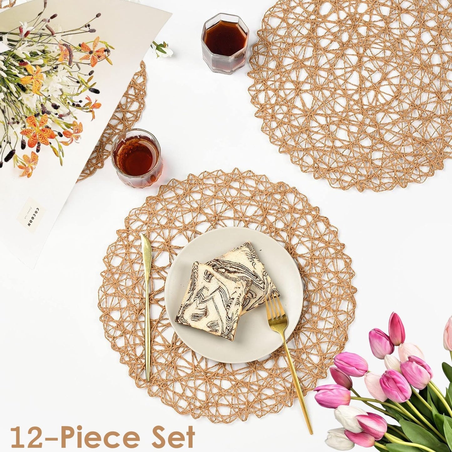 IcosaMro Brown Round Placemats Set of 12 for Dining Table, 13 Inches Paper Woven Boho Small Decorative Circle Place Mat for Wedding Christmas Thanksgiving Day Holiday Dinner, Light Coffee Brown