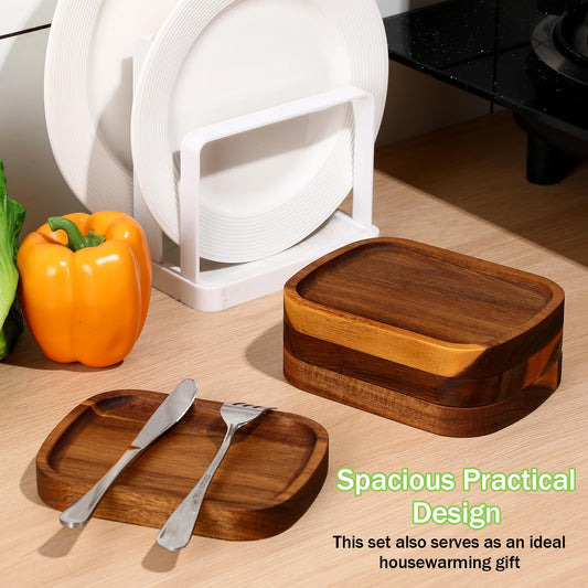 Honeydak 4 Pcs Acacia Wood Spoon Rest for Stove Top Handmade Smooth Wooden Kitchen Spoon Holder for Ladles Tong Cooking Accessories Housewarming Gifts, 5.9" x 4.5"