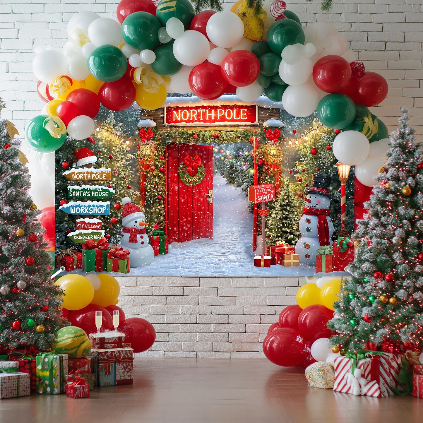 Lecheme Christmas Backdrop for Photography North Pole Santa's House Banner Snowy Forest Red Barn Door Christmas Banner Xmas Holiday Family Photo Background Party Decorations