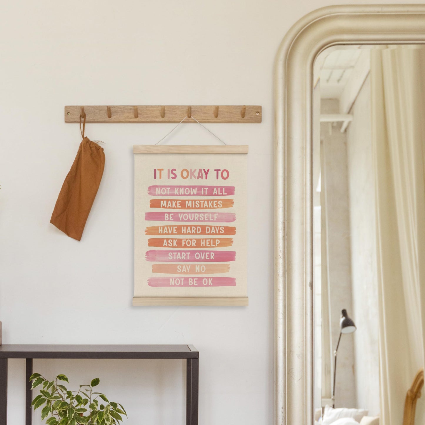 HRQKO It is Okay Pink Boho Poster Hanger Frame, Pink wall decor, Inspirational Posters Wall Art with Wooden Frames, Mental Health Wall Hanging Banner for Therapy Office Girls Room Nursery, 12x16 Inch