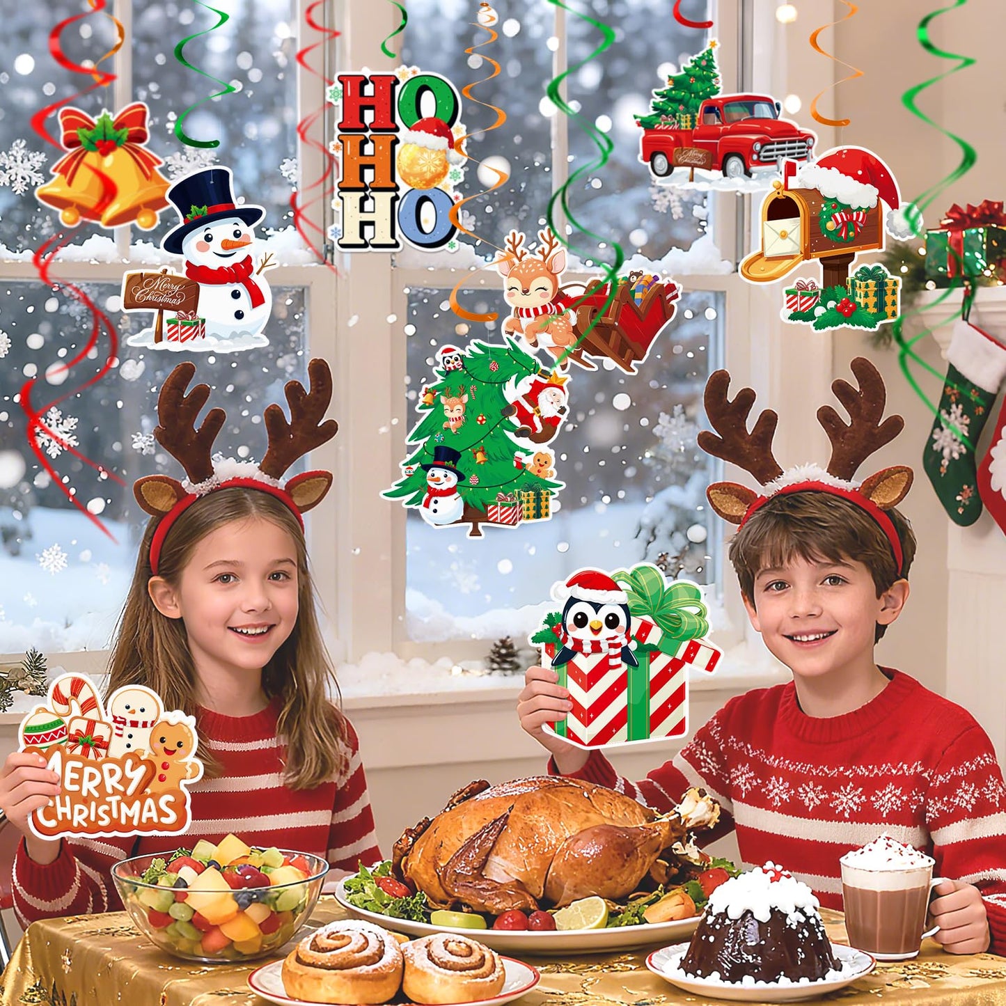 Christmas Decor Set: Banner & Hanging Swirls - for Home, Office, Classroom Indoor Christmas Party Decorations