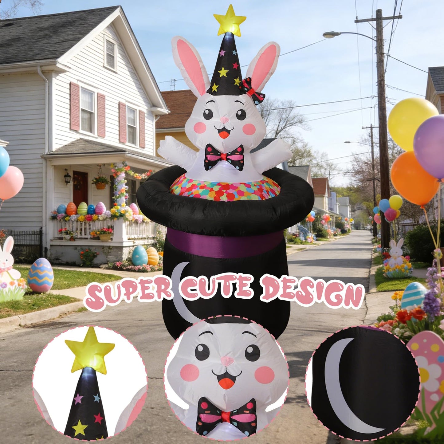 IHGYT 5 Ft Inflatable Easter Bunny in Magic Hat Yard Decoration, Cute Wizard Rabbit Popping Out of Top Hat with LED Lights, Blow Up Lawn Decor for Easter, Birthday Party, Indoor Outdoor Home Garden