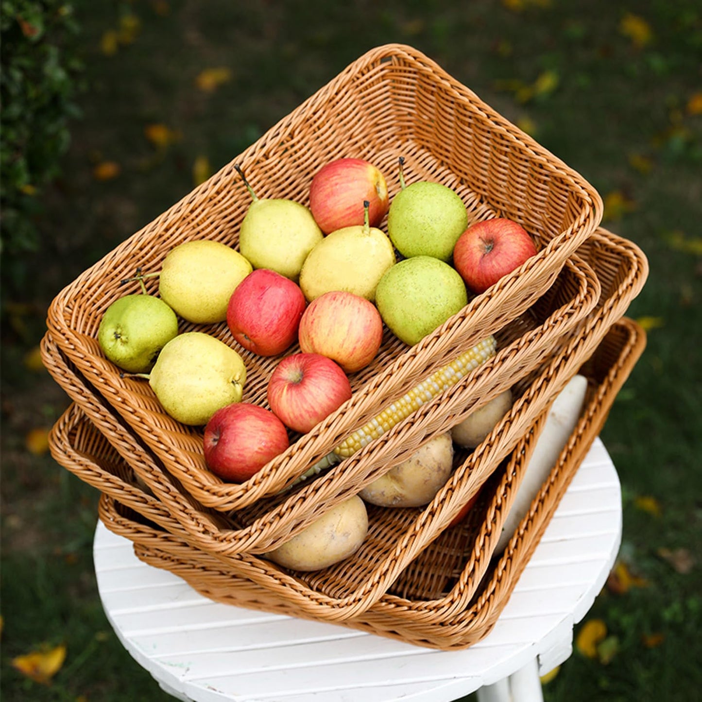 Retainbre 3 Pack Wicker Bread Baskets for Serving 15.8 Inch Rattan Tray Rectangular Display Baskets for Food Fruit Vegetables Snack Decorative Kitchen Restaurant Home