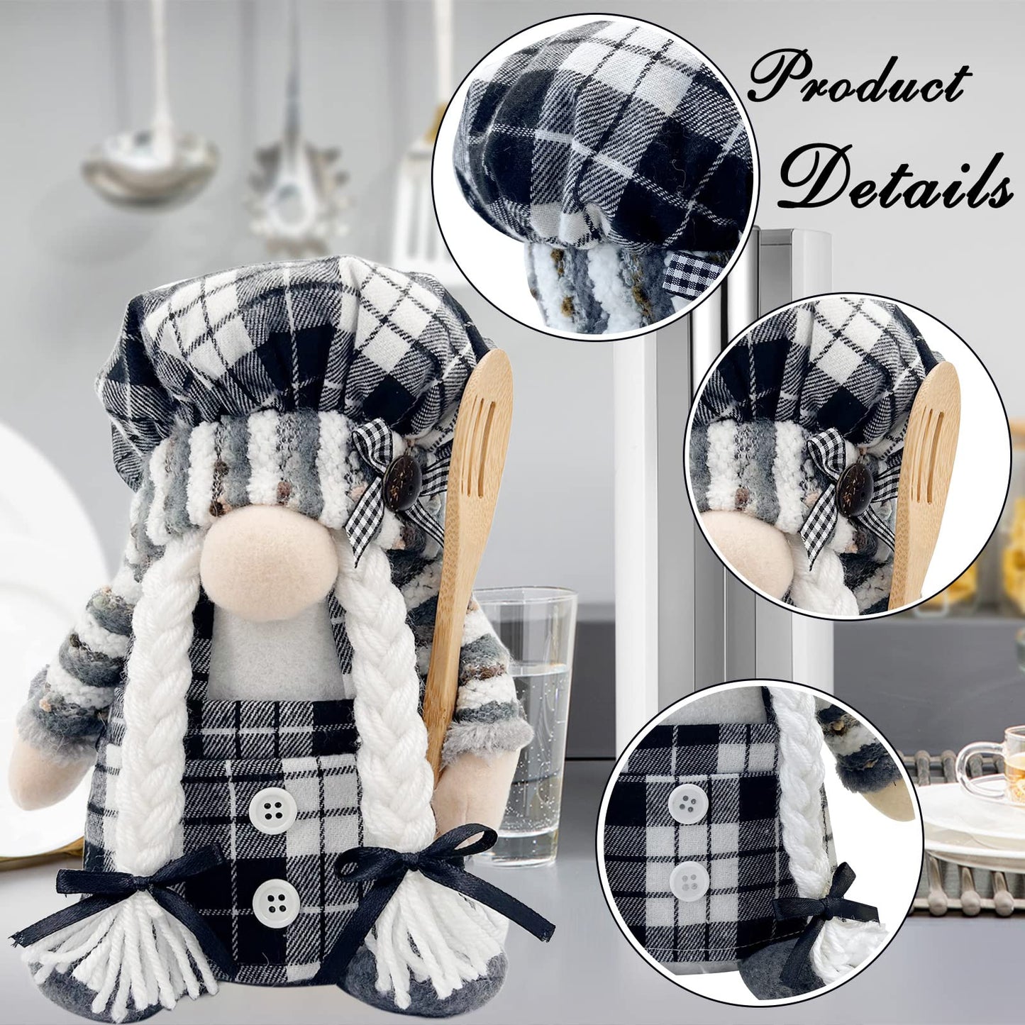 Lovinland Christmas Chef Gnomes Plush - Chef Tomte Swedish Scandinavian Figurine Elf Doll - Christmas Decoration for Home, Kitchen - Xmas Buffalo Plaid Decor - Gnomes Gifts for Women
