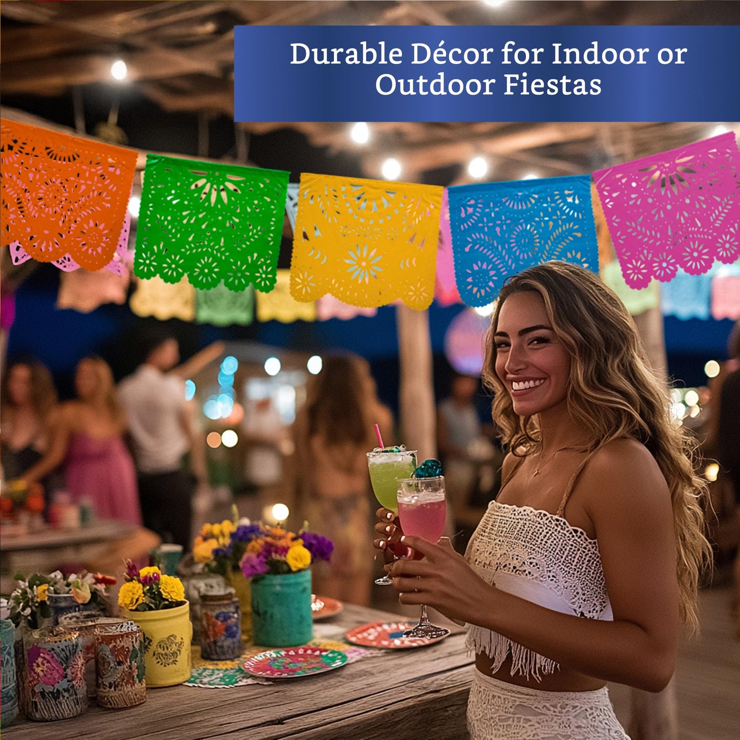 Mexican Party Banners (5 Pack with 10 Plastic Flags per Banner) - Papel Picado Mexicano para Fiesta - Plastic Papel Picado - Fiesta Themed Party Decorations - Mexican Decor