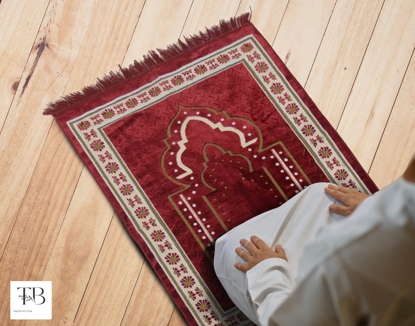 TB Islamic Prayer Rug Plush Soft Velvet Muslim Mat Unique Arabic Turkish African Embroidered Design Prayer Bead Daily Salah Prayer Meditation Ramadan Eid Gift for Women Men Kids (Red)