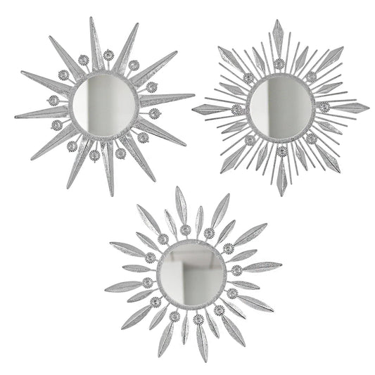 Manortang Silver Mirrors Wall Decor, Metal Sunburst Mirror Wall Art Christmas Decorative Mirrors, 9 inch Home Christmas Decoration Rhinestone Small Mirror for Living Room Entryway Set of 3