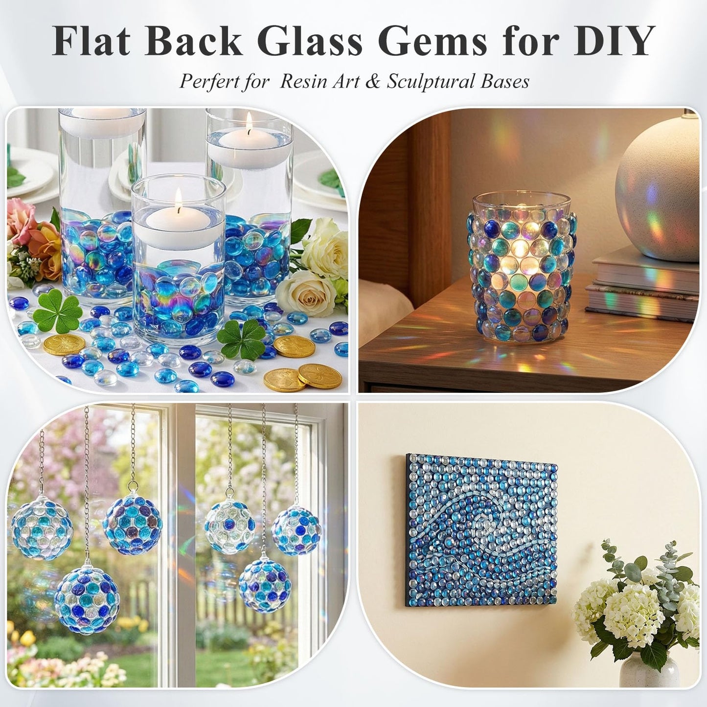 DomeStar 65PCS Iridescent Blue Flat Marbles, Decorative Glass Pebbles Beads Vase Fillers Decorative Fish Tank Aquarium Rocks for Centerpieces Table Decor