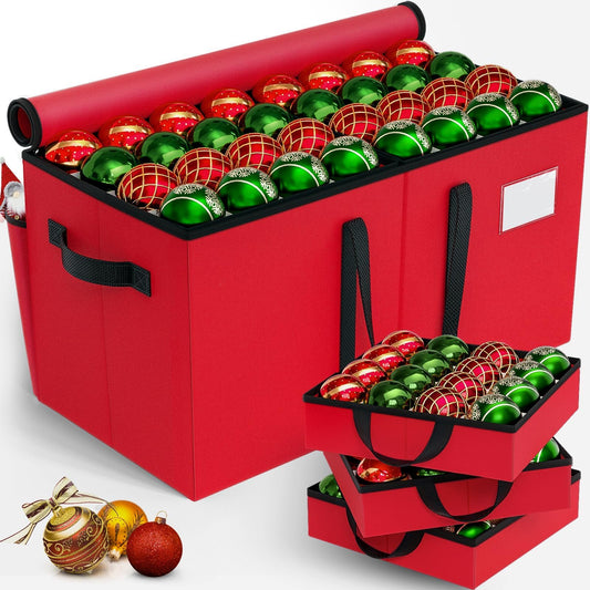 EverMerry Christmas Ornament Storage Box - Large & Sturdy Christmas Storage Container with Adjustable Dividers, 8 Individual Trays and Handles, Holds up to 128 Holiday Decorations (Red)