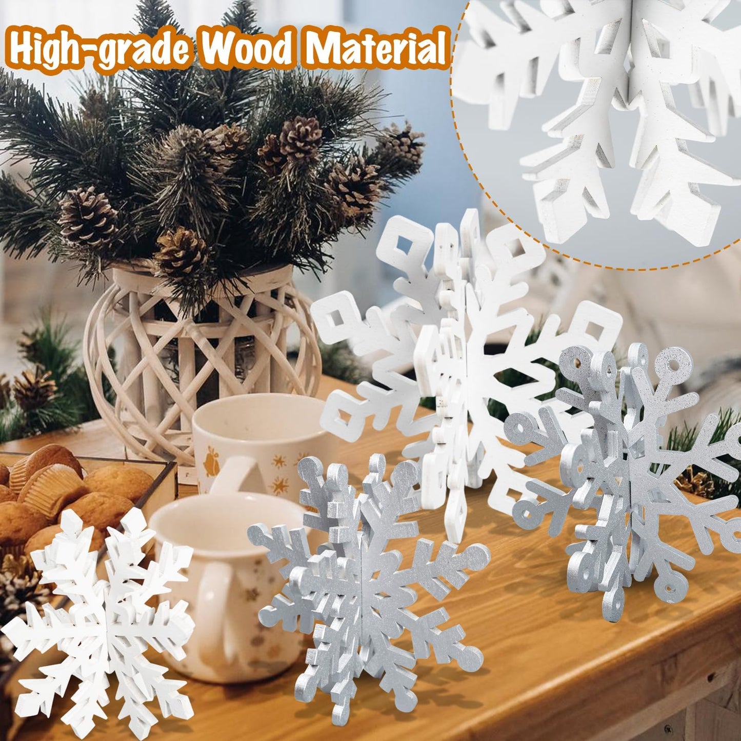 OuMuaMua Winter Christmas Centerpiece Table Decorations - 12pcs Wooden Snowflakes Decor 3D Silver White Snowflake Tabletop Decor for Xmas Holiday Tiered Tray Winter Farmhouse Decor