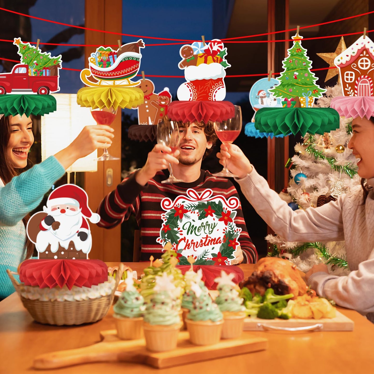 Merry Christmas Party Decorations Bundle - Includes Festive Christmas Honeycomb Centerpieces ，Santa Claus Snowman Table Toppers, Perfect for Classroom Decor, Christmas & Winter Birthday Party Supplies